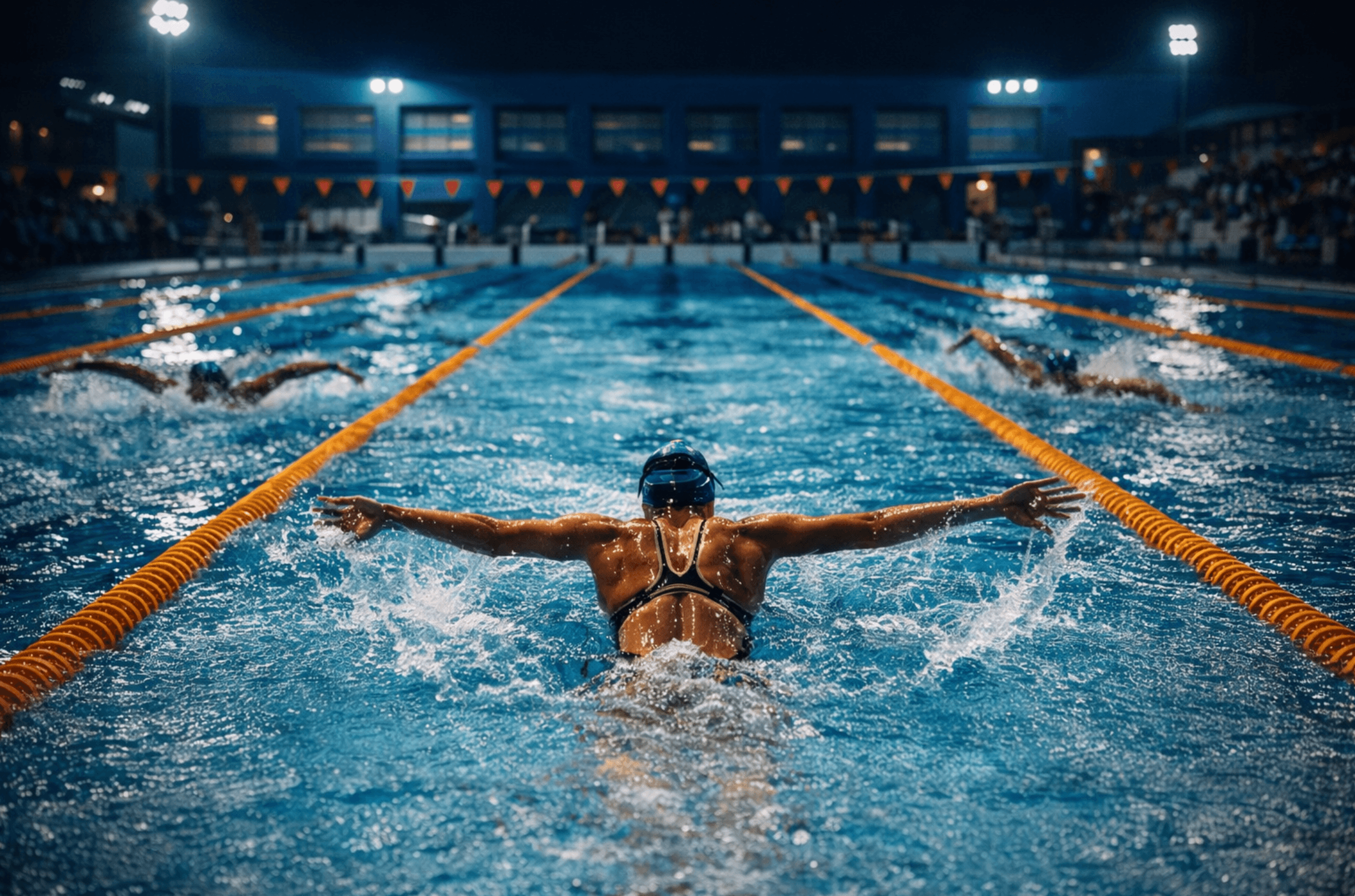 Competitive swimmer performing the butterfly stroke at night, arms outstretched in powerful form during a race