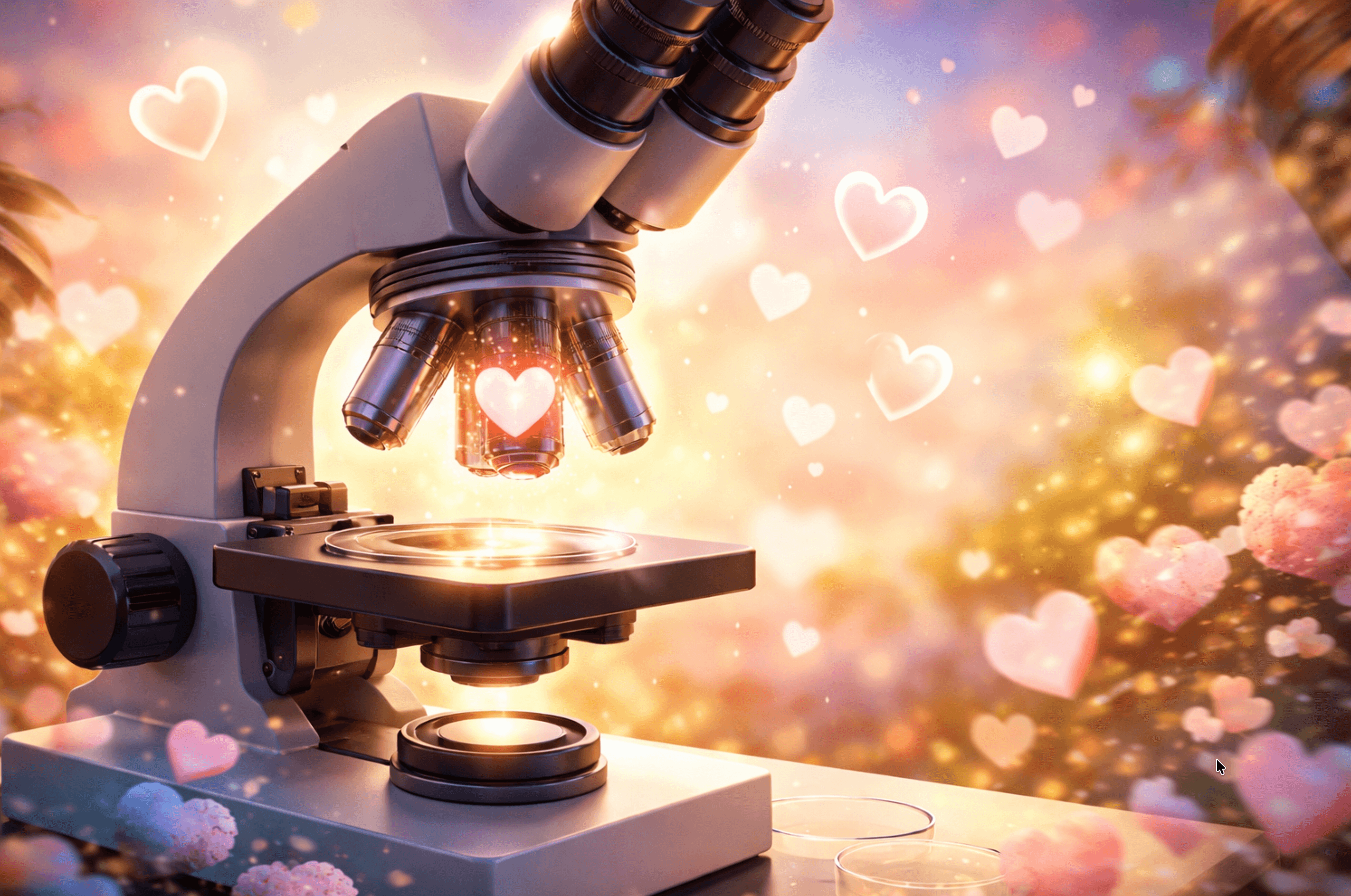 A love-tinted microscope lens, illustrating the idea of turning the tools of science toward the invisible patterns of human connection