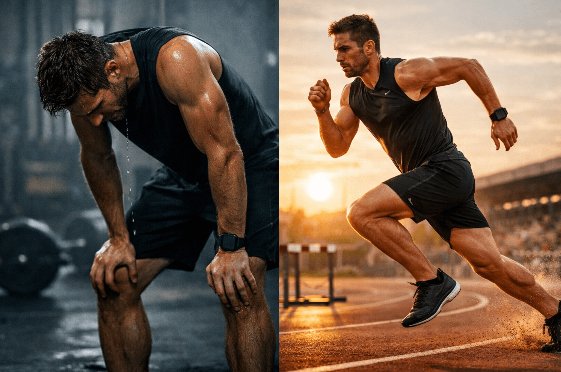 Split image contrasting athletic struggle and performance: on the left, an exhausted athlete catching his breath after intense training; on the right, a powerful sprinter exploding off the starting line at sunset