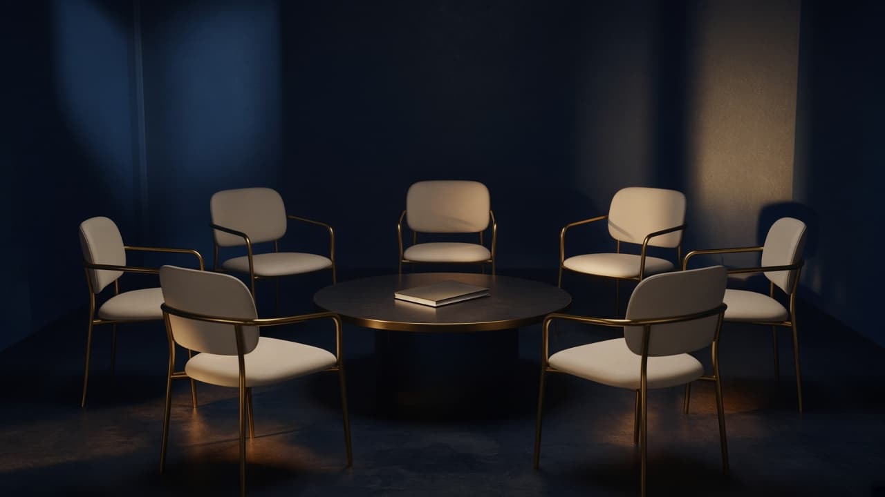 A circle of empty chairs around one notebook, many viewpoints on a single subject.