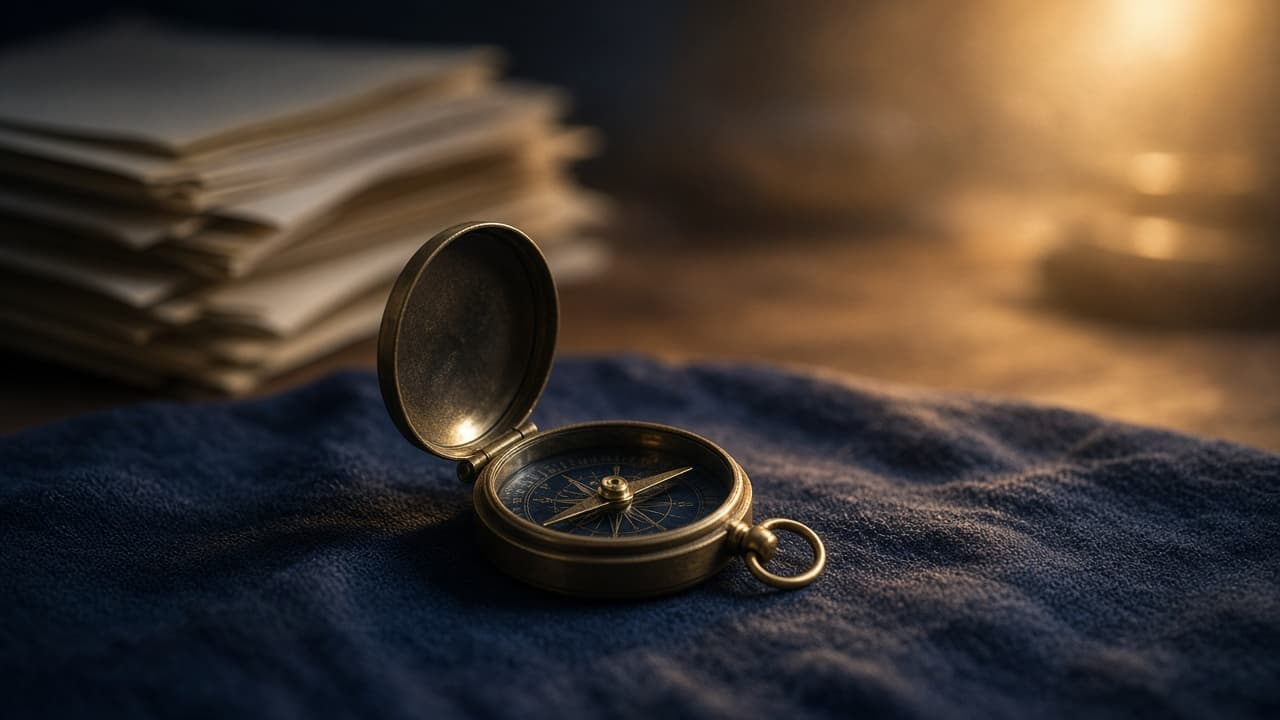 A brass compass on navy cloth, between old files and a wash of new light.