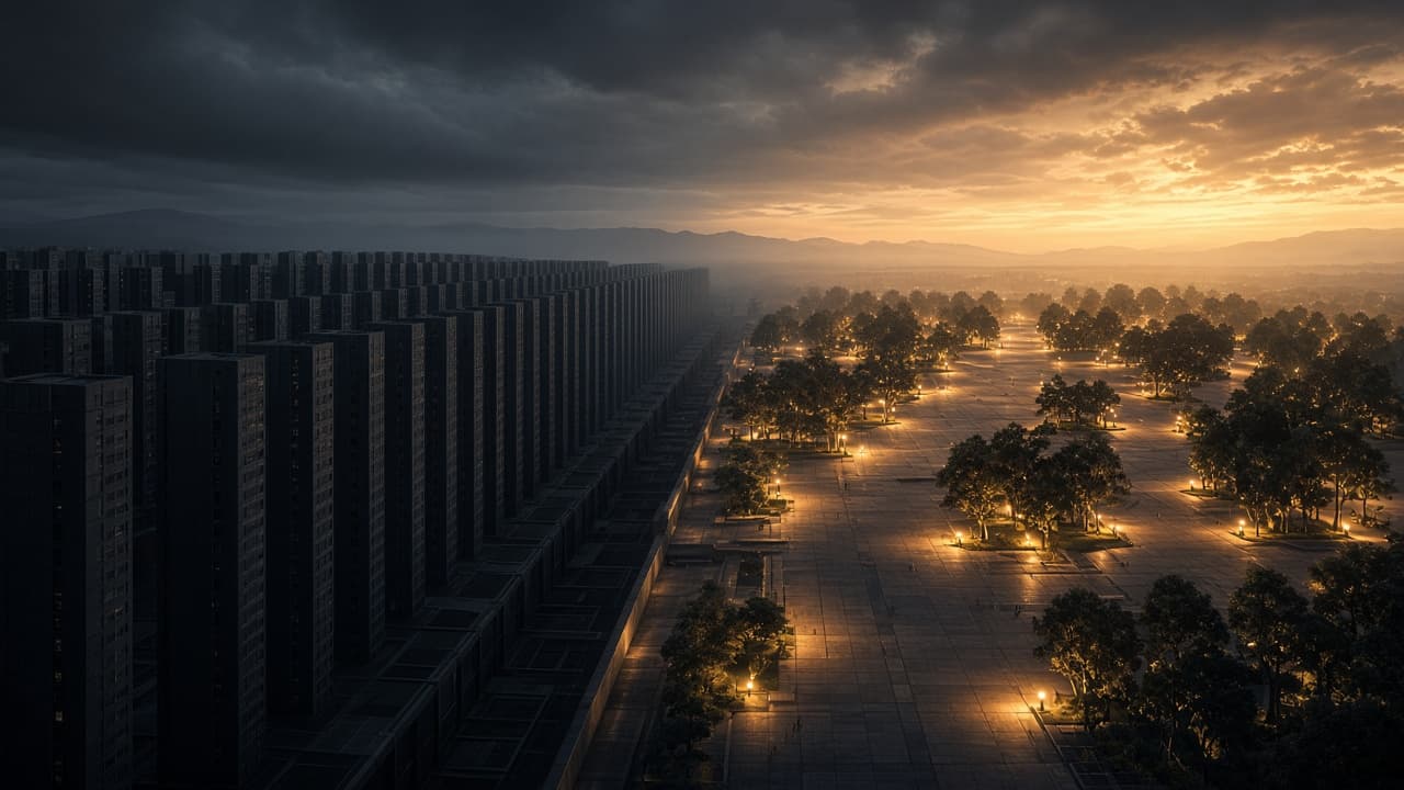 A rigid city of identical towers meeting an open plaza of warm light.
