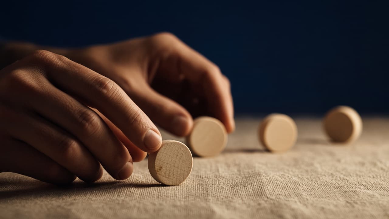 A few wooden tokens on linen, one held in focus and the rest falling away.
