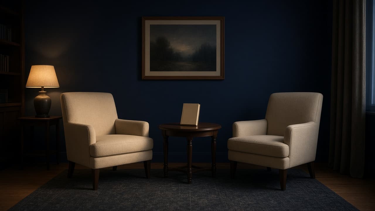 Two chairs in a quiet room, with a notebook standing between them.