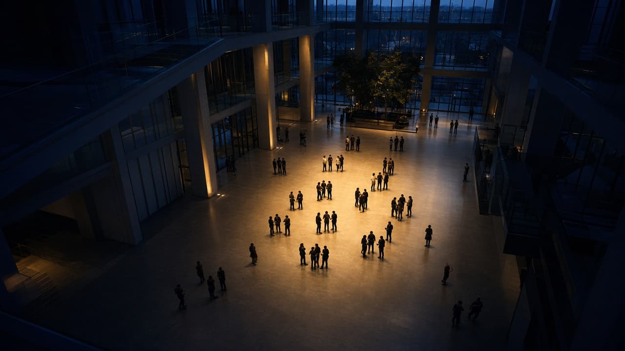 An office atrium at dusk, where small groups form a living pattern rather than a chart on the wall.