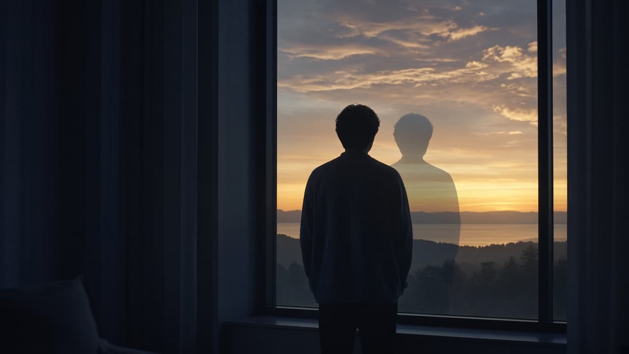 Someone at a window at dawn, a faint reflection in the glass.