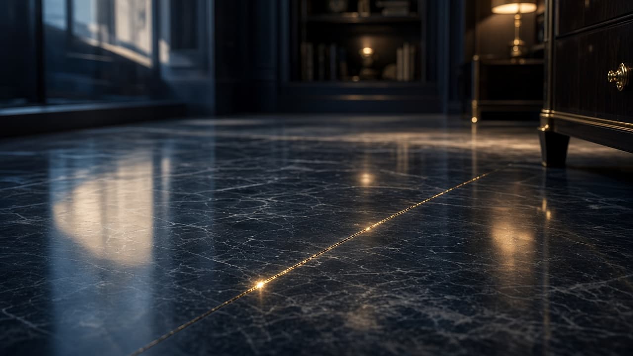 A hairline crack in polished stone, catching a thin line of light.