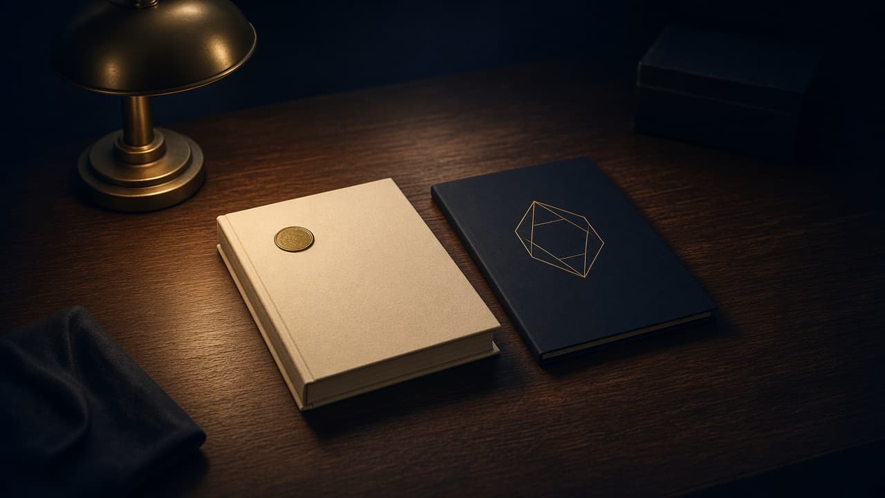 Two documents on a desk: a sealed volume and a geometric specification, standing for two ways of writing values into AI.