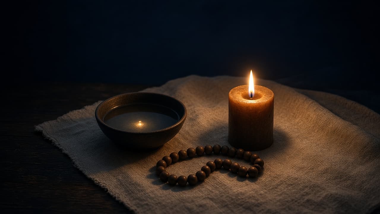 A candle, a bowl of water, and wooden beads on linen.