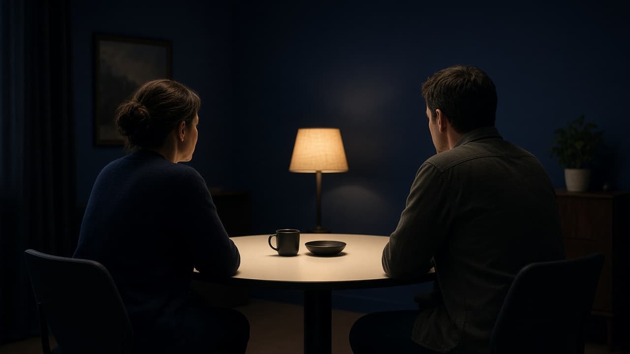 Two people rehearsing a difficult conversation across a quiet table.
