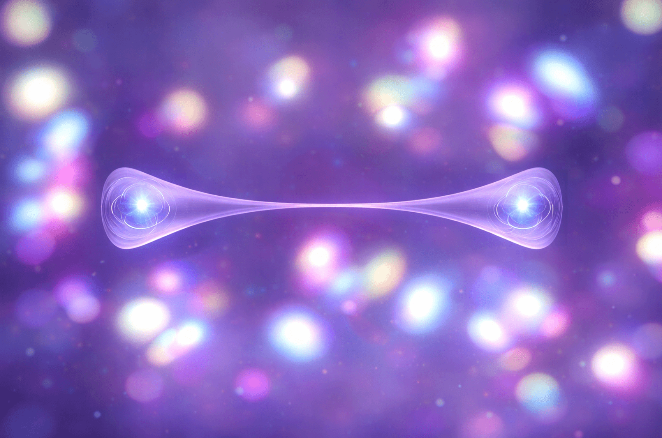 Visual representation of quantum duality and entanglement, showing two connected states in a symmetrical pattern against a cosmic background—illustrating the fundamental polarity in physics.
