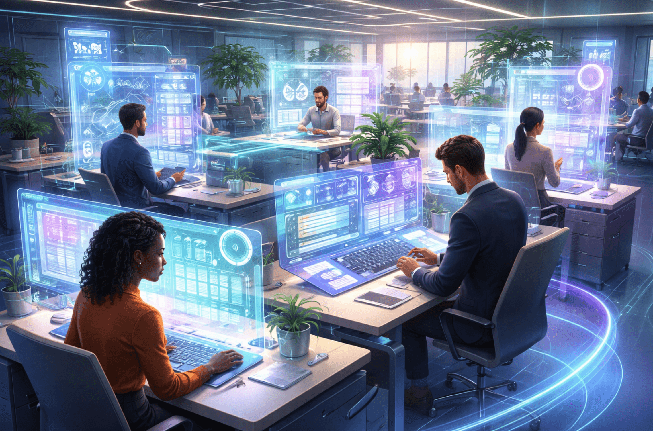 Modern workplace with employees using data visualization and analytics tools, representing the future of data-driven employee development and personalized learning.
