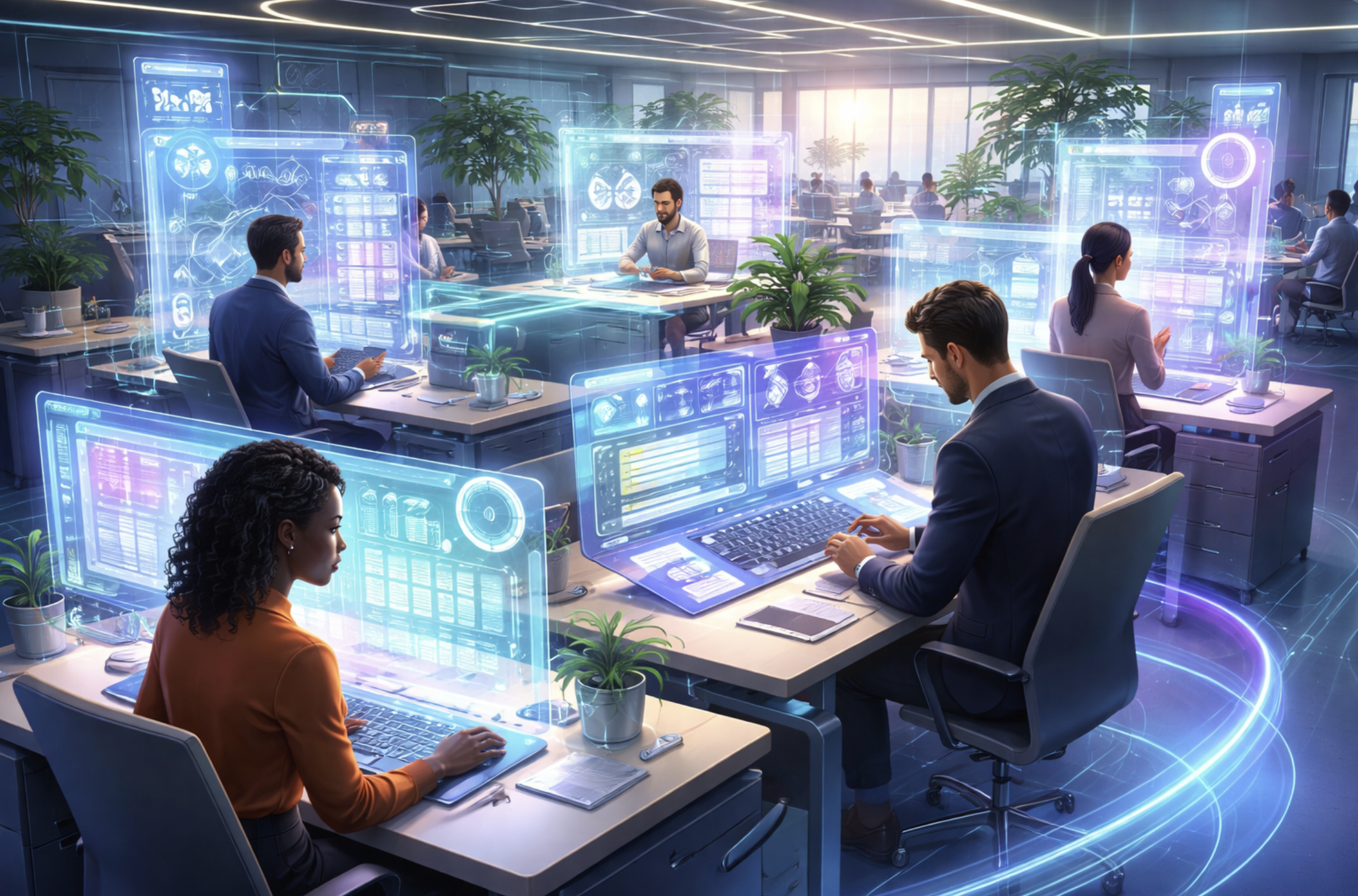 Modern workplace with employees using data visualization and analytics tools, representing the future of data-driven employee development and personalized learning.