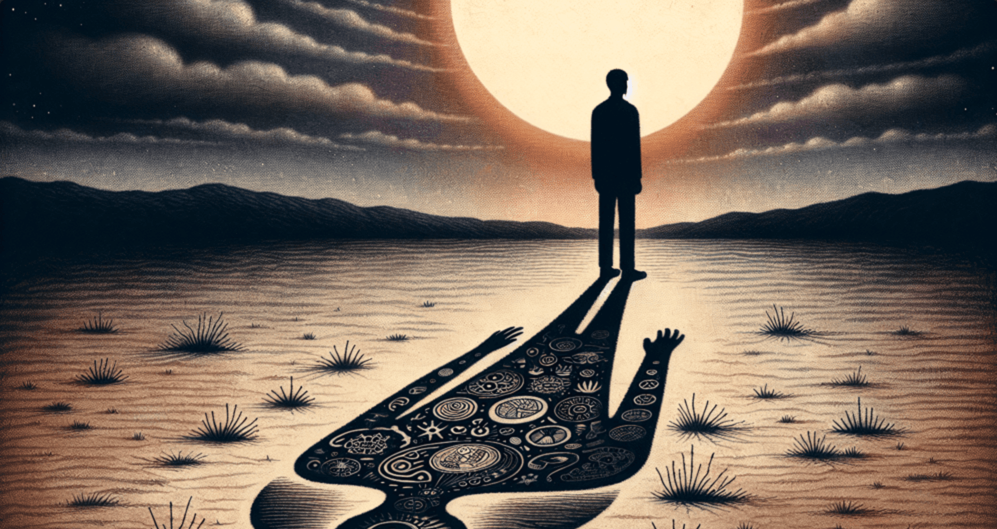 Abstract illustration of a person facing their shadow, representing the integration of hidden aspects of personality